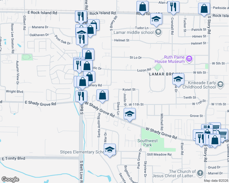 map of restaurants, bars, coffee shops, grocery stores, and more near 3218 Konet Street in Irving