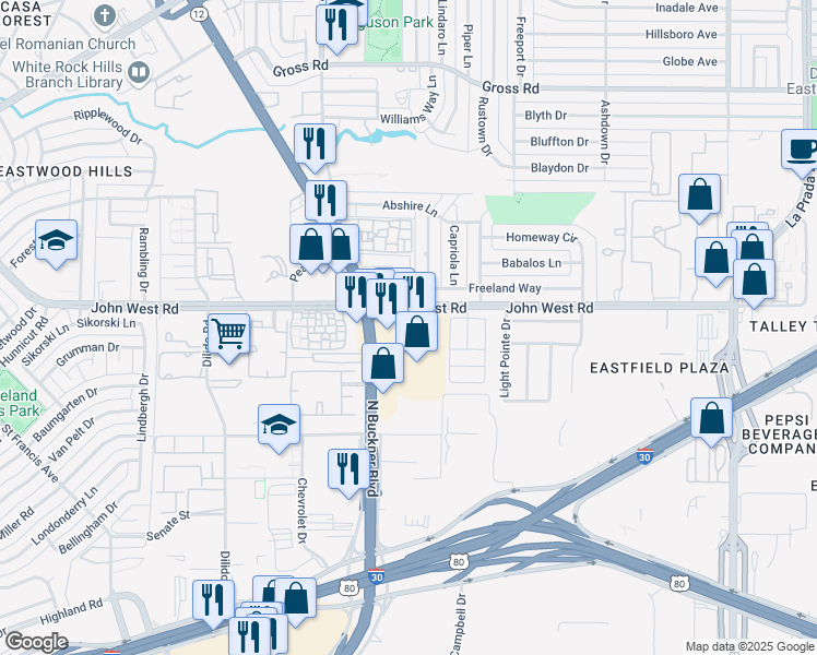 map of restaurants, bars, coffee shops, grocery stores, and more near 2000 John West Road in Dallas
