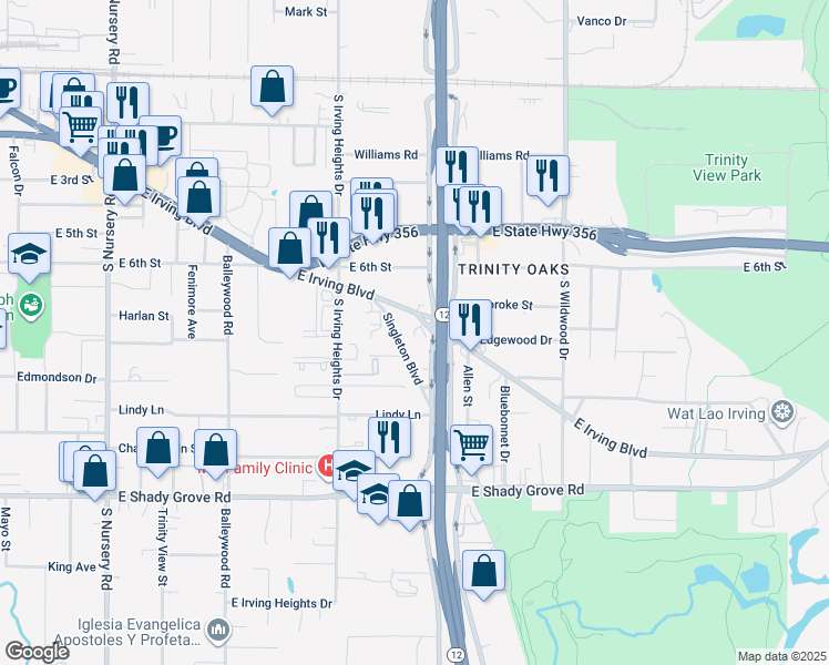 map of restaurants, bars, coffee shops, grocery stores, and more near 1820 East Irving Boulevard in Irving