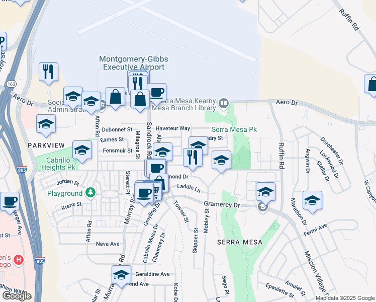 map of restaurants, bars, coffee shops, grocery stores, and more near 3488 Ediwhar Avenue in San Diego