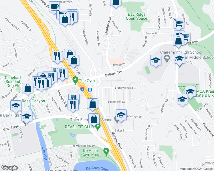 map of restaurants, bars, coffee shops, grocery stores, and more near 3240 Brandywine Street in San Diego