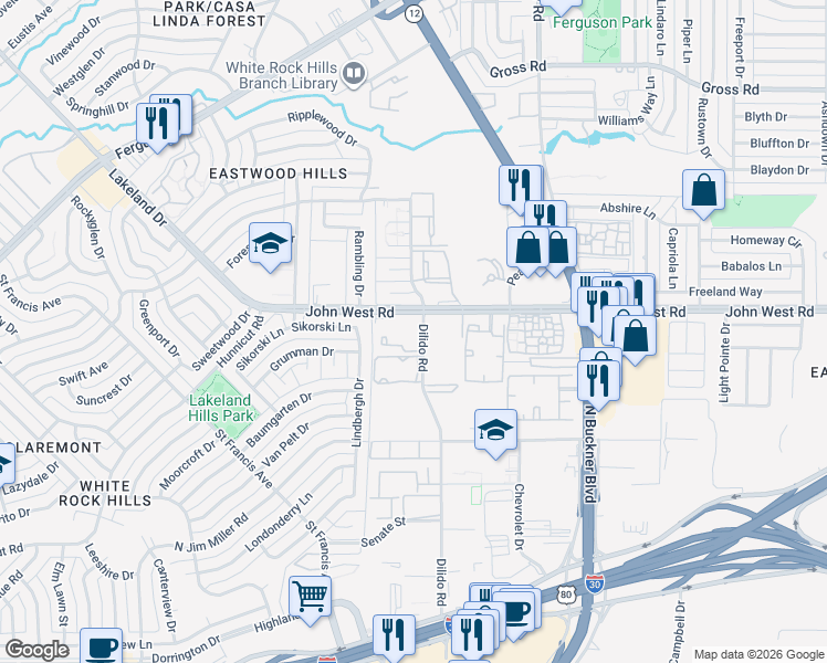 map of restaurants, bars, coffee shops, grocery stores, and more near 3305 Dilido Road in Dallas