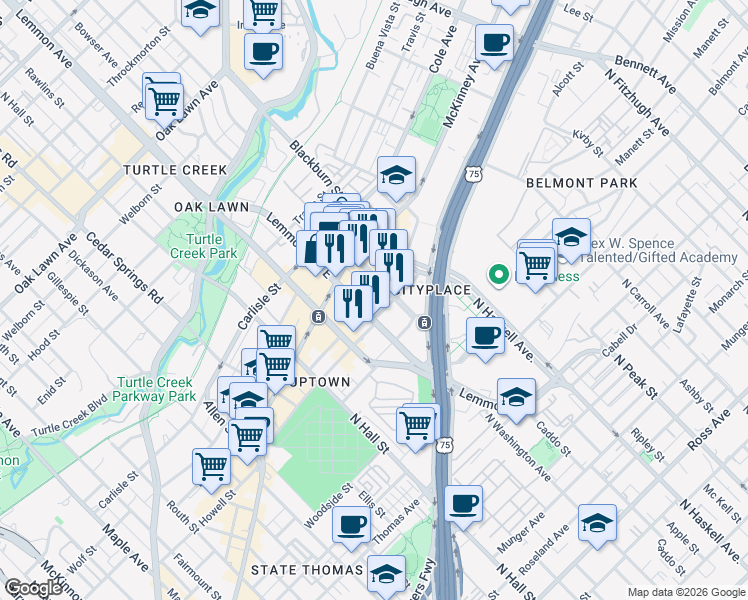 map of restaurants, bars, coffee shops, grocery stores, and more near 2901 Cityplace West Boulevard in Dallas