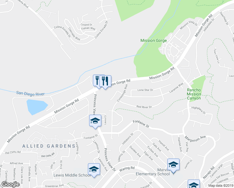 map of restaurants, bars, coffee shops, grocery stores, and more near 5449 Chaparajos Court in San Diego