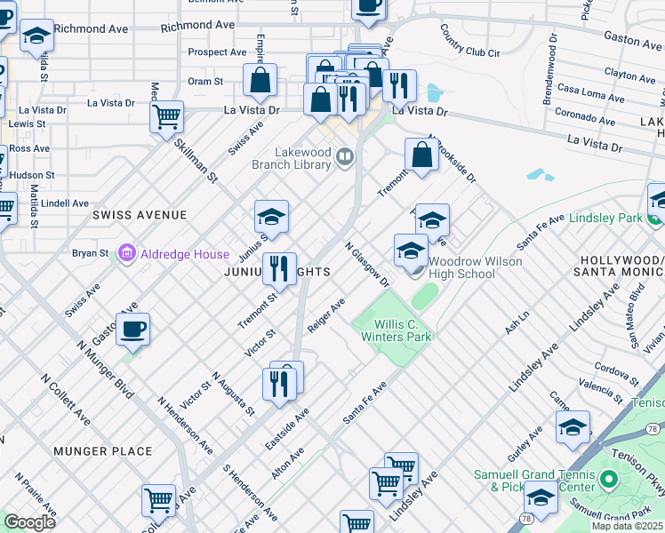 map of restaurants, bars, coffee shops, grocery stores, and more near 1510 Abrams Road in Dallas