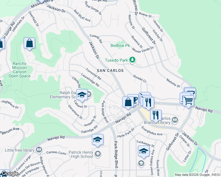 map of restaurants, bars, coffee shops, grocery stores, and more near 7737 Forrestal Road in San Diego