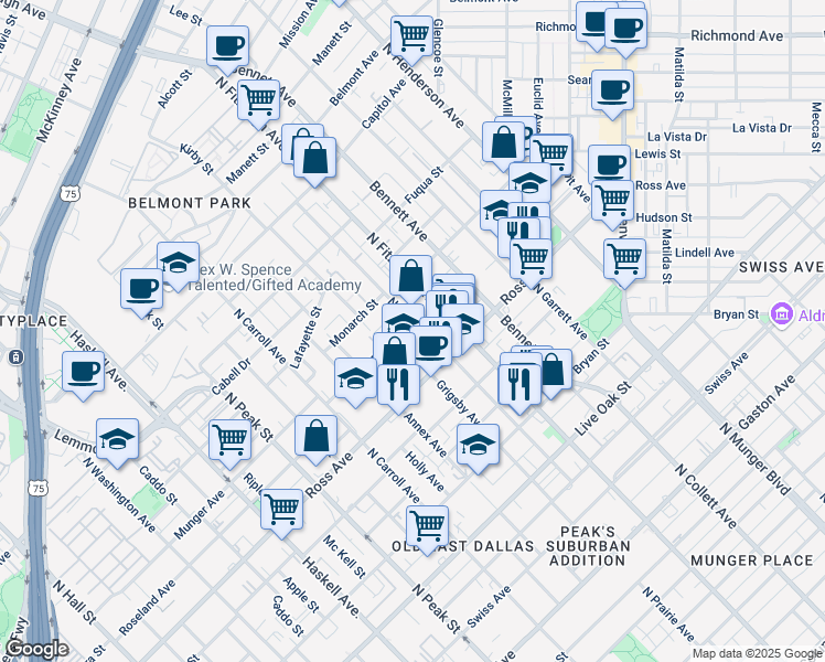 map of restaurants, bars, coffee shops, grocery stores, and more near 4718 Munger Avenue in Dallas