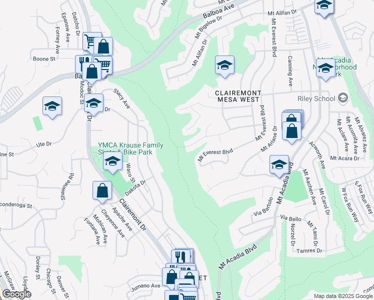 map of restaurants, bars, coffee shops, grocery stores, and more near 4711 Mount Ashmun Drive in San Diego