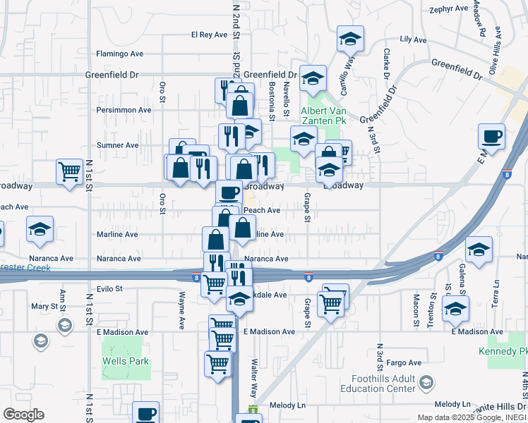 map of restaurants, bars, coffee shops, grocery stores, and more near 1341 Peach Avenue in El Cajon