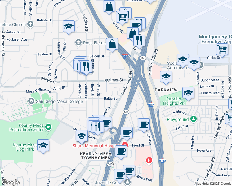 map of restaurants, bars, coffee shops, grocery stores, and more near 7890 Linda Vista Road in San Diego