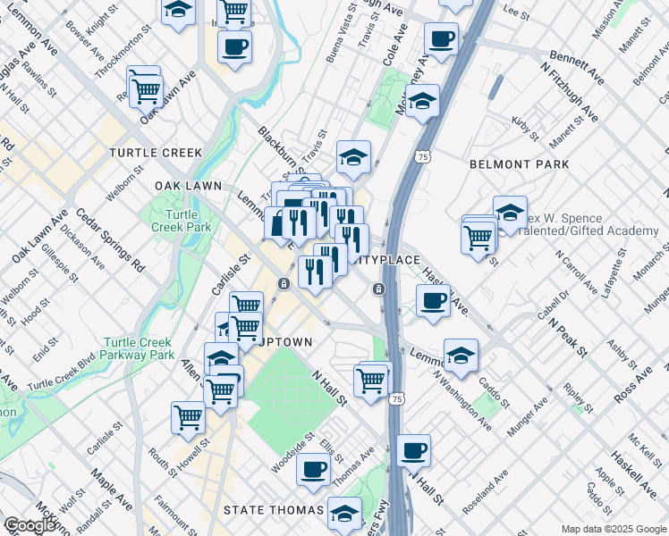 map of restaurants, bars, coffee shops, grocery stores, and more near 2901 Cityplace West Boulevard in Dallas