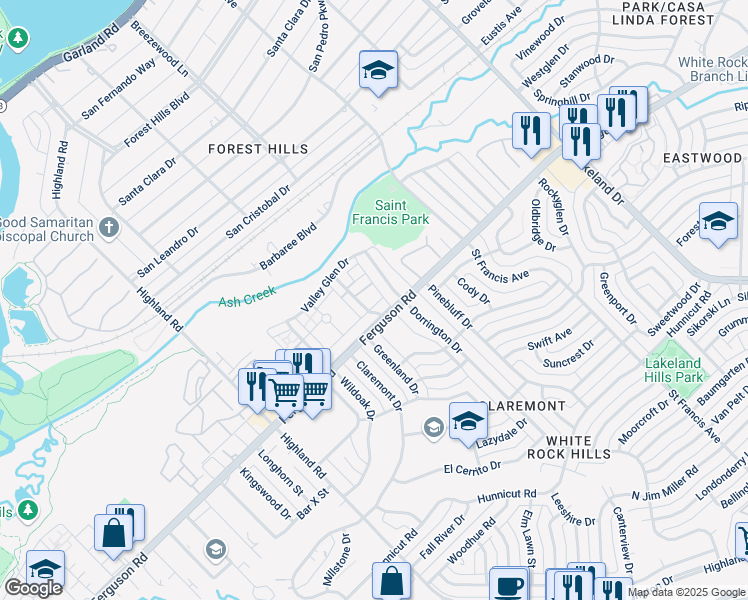 map of restaurants, bars, coffee shops, grocery stores, and more near 2235 Hollybush Drive in Dallas