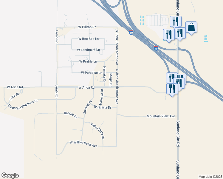 map of restaurants, bars, coffee shops, grocery stores, and more near 10535 West Arica Road in Casa Grande