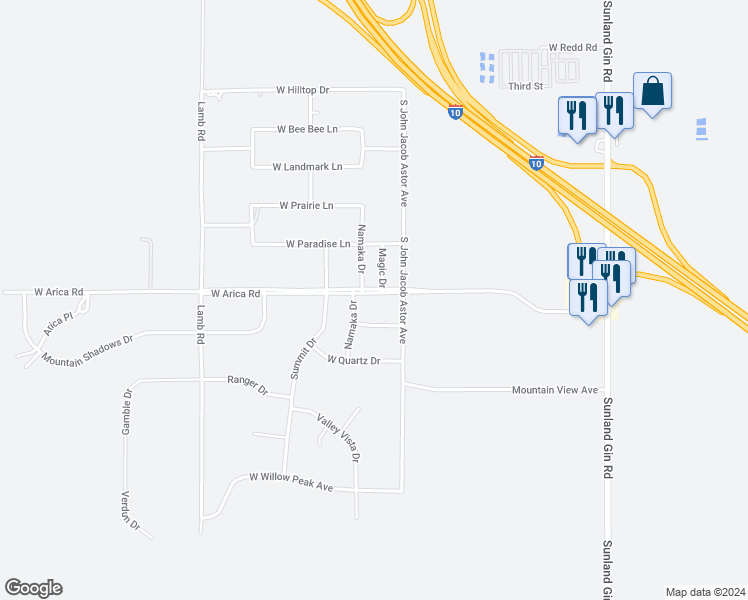 map of restaurants, bars, coffee shops, grocery stores, and more near 10585 West Arica Road in Casa Grande