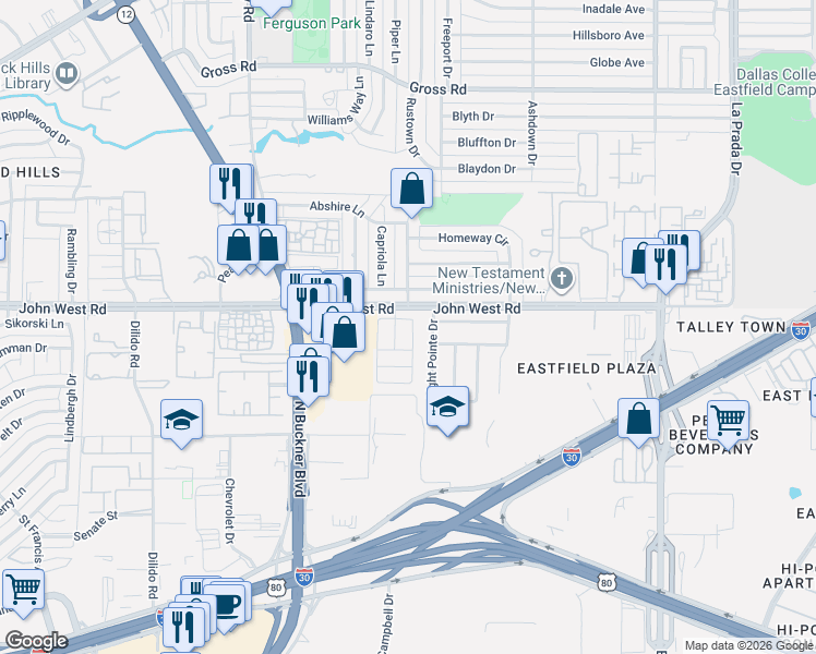 map of restaurants, bars, coffee shops, grocery stores, and more near 3228 Rosebank Drive in Dallas