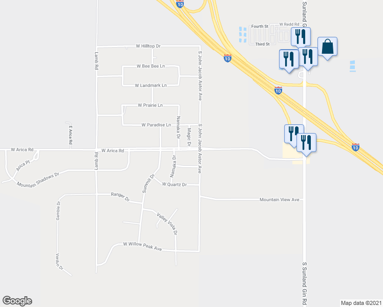 map of restaurants, bars, coffee shops, grocery stores, and more near 10525 West Arica Road in Casa Grande