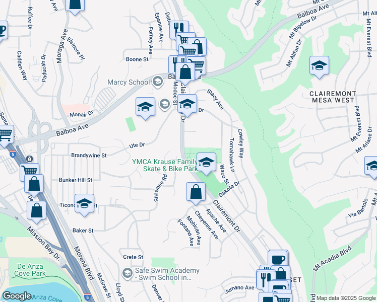 map of restaurants, bars, coffee shops, grocery stores, and more near 3605 Clairemont Drive in San Diego