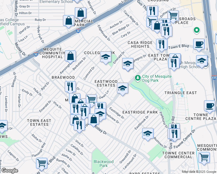 map of restaurants, bars, coffee shops, grocery stores, and more near 3003 Owen Lane in Mesquite