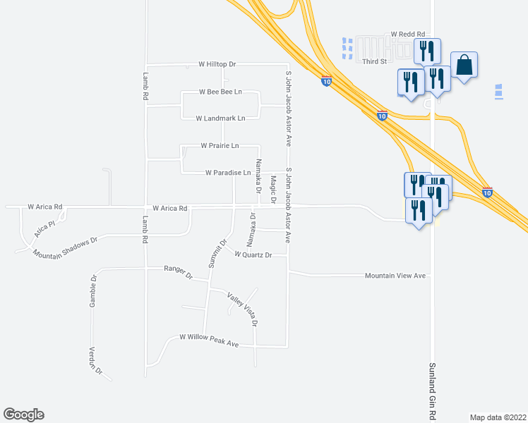 map of restaurants, bars, coffee shops, grocery stores, and more near 10615 West Arica Road in Casa Grande