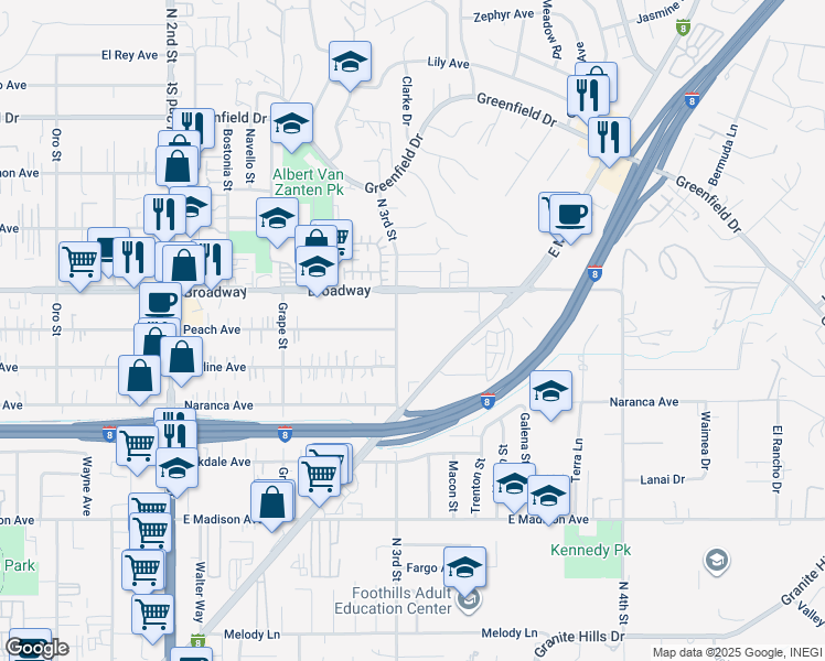 map of restaurants, bars, coffee shops, grocery stores, and more near 849 North 3rd Street in El Cajon