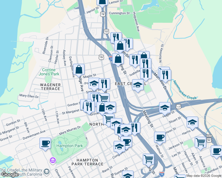 map of restaurants, bars, coffee shops, grocery stores, and more near 132 Romney Street in Charleston
