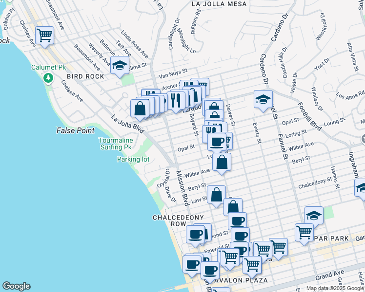 map of restaurants, bars, coffee shops, grocery stores, and more near 838 Opal Street in San Diego