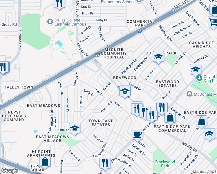 map of restaurants, bars, coffee shops, grocery stores, and more near 3521 Byrd Drive in Mesquite