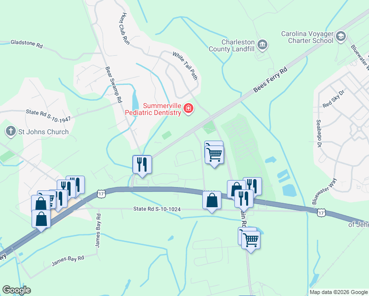 map of restaurants, bars, coffee shops, grocery stores, and more near 1153 Bees Ferry Road in Johns Island