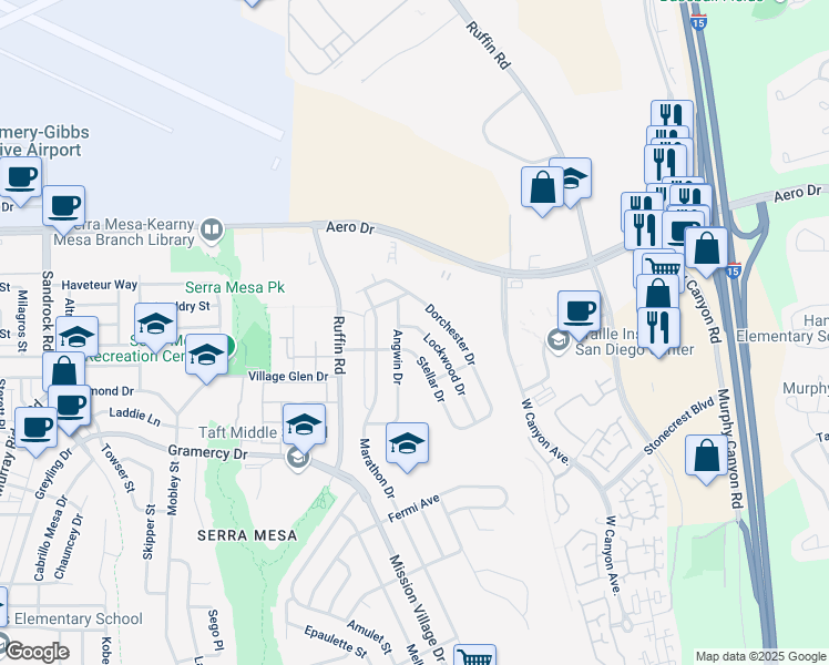 map of restaurants, bars, coffee shops, grocery stores, and more near 3472 Lockwood Drive in San Diego