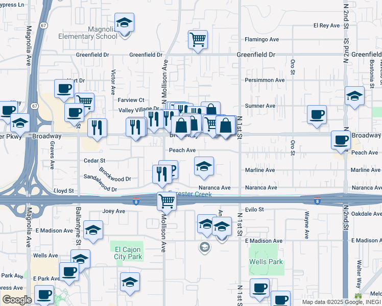map of restaurants, bars, coffee shops, grocery stores, and more near 989 Peach Avenue in El Cajon
