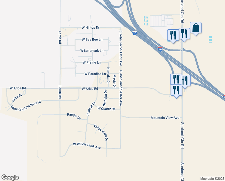 map of restaurants, bars, coffee shops, grocery stores, and more near 10565 West Arica Road in Casa Grande