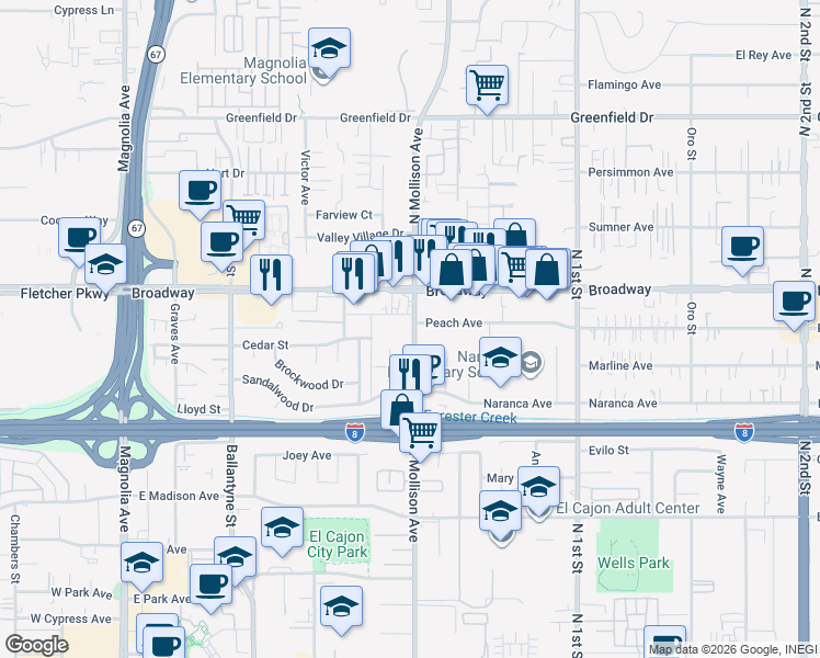 map of restaurants, bars, coffee shops, grocery stores, and more near 815 Mollison in El Cajon