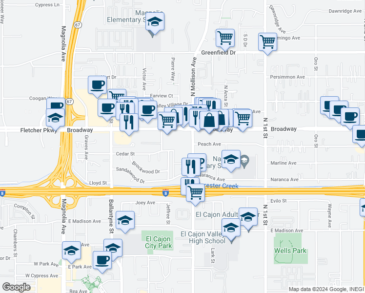 map of restaurants, bars, coffee shops, grocery stores, and more near 848 North Mollison Avenue in El Cajon