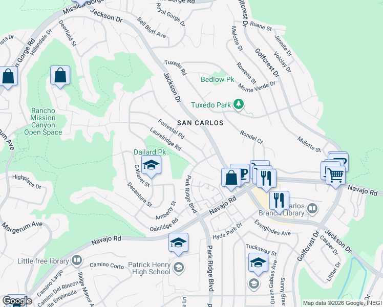 map of restaurants, bars, coffee shops, grocery stores, and more near 7795 Laurelridge Road in San Diego