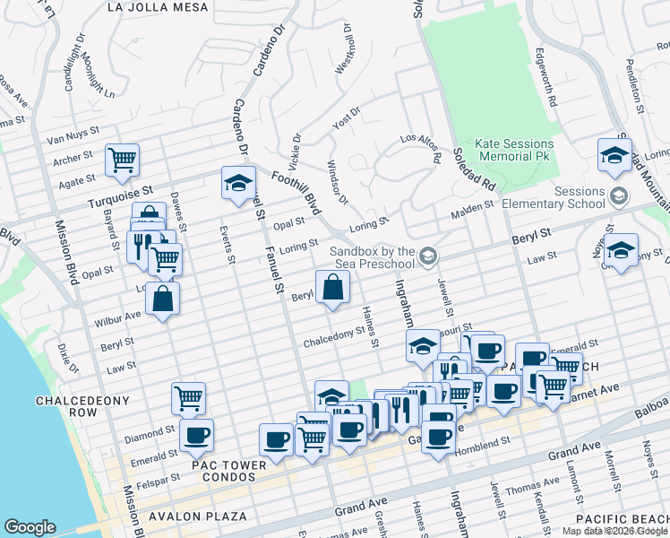 map of restaurants, bars, coffee shops, grocery stores, and more near 1427 Wilbur Avenue in San Diego