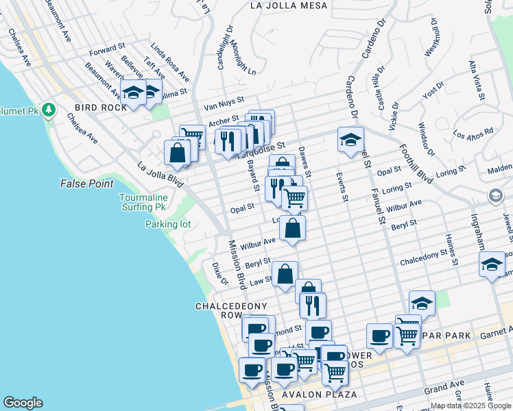 map of restaurants, bars, coffee shops, grocery stores, and more near 906 Opal Street in San Diego