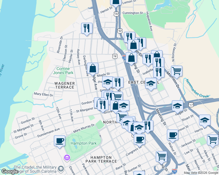 map of restaurants, bars, coffee shops, grocery stores, and more near 7 South Enston Avenue in Charleston