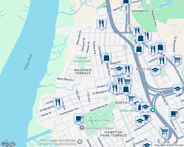 map of restaurants, bars, coffee shops, grocery stores, and more near 183 West Poplar Street in Charleston