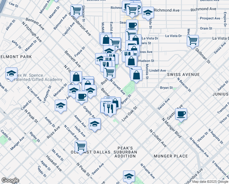 map of restaurants, bars, coffee shops, grocery stores, and more near 1503 North Garrett Avenue in Dallas