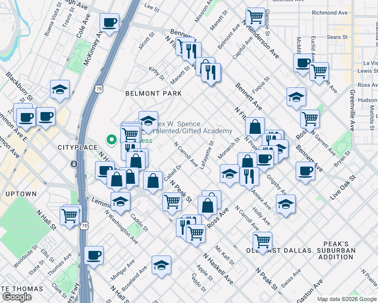 map of restaurants, bars, coffee shops, grocery stores, and more near 2218 North Carroll Avenue in Dallas