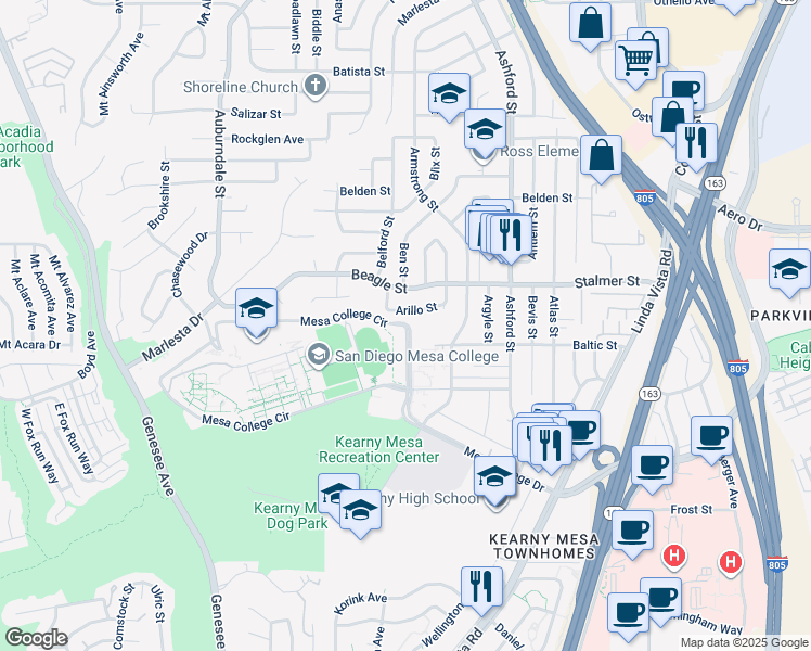map of restaurants, bars, coffee shops, grocery stores, and more near Mesa College Circle in San Diego