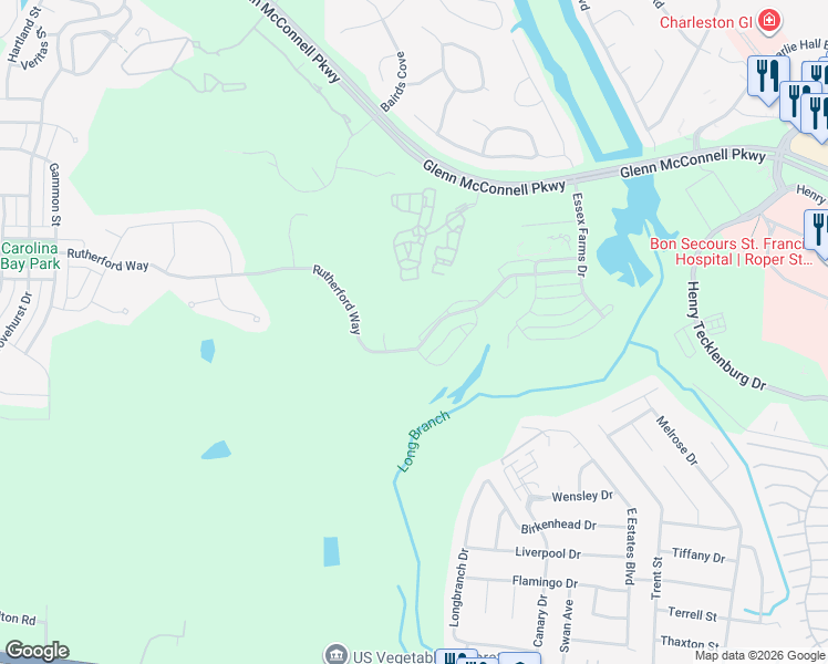 map of restaurants, bars, coffee shops, grocery stores, and more near 1905 Clay Lane in Charleston