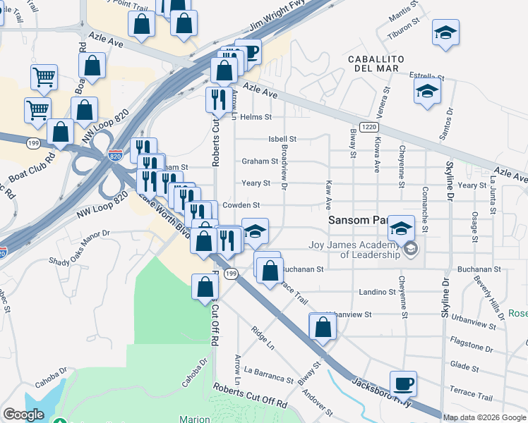 map of restaurants, bars, coffee shops, grocery stores, and more near 5809 Cowden Street in Fort Worth
