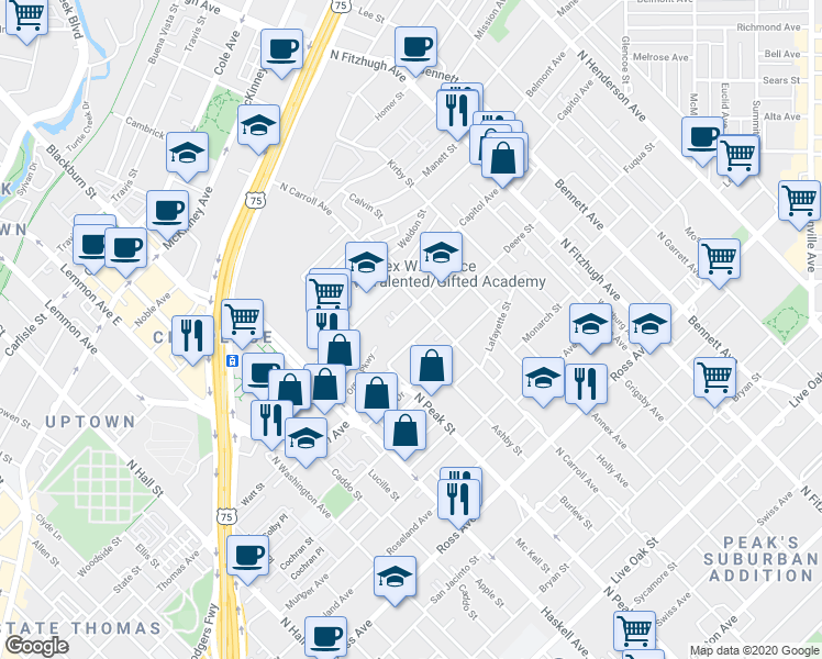 map of restaurants, bars, coffee shops, grocery stores, and more near 4407 Deere Street in Dallas