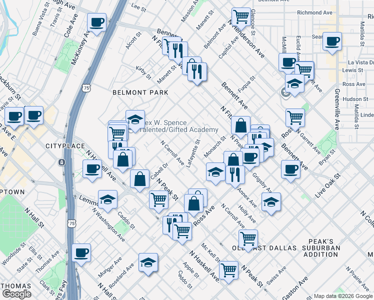 map of restaurants, bars, coffee shops, grocery stores, and more near 4528 Cabell Drive in Dallas