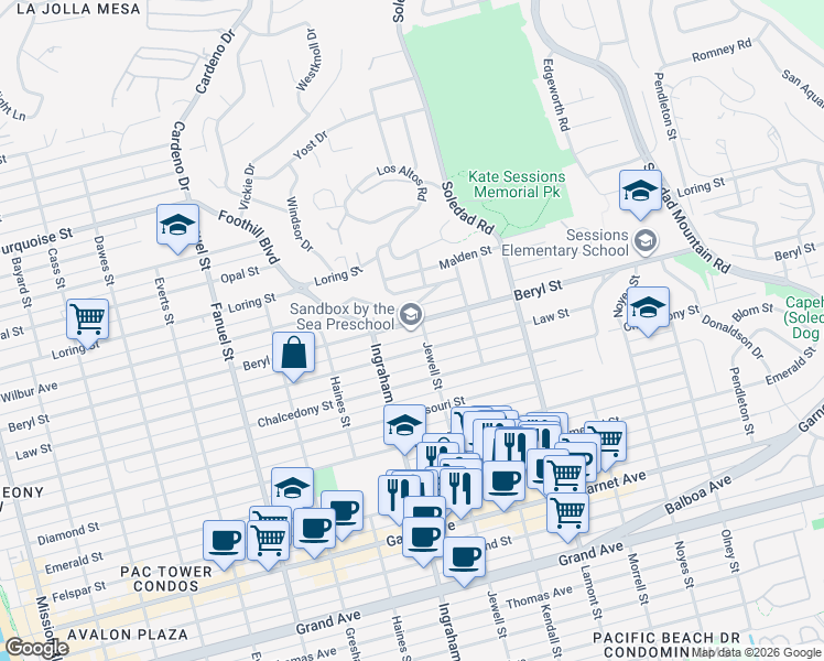 map of restaurants, bars, coffee shops, grocery stores, and more near 1671 Beryl Street in San Diego