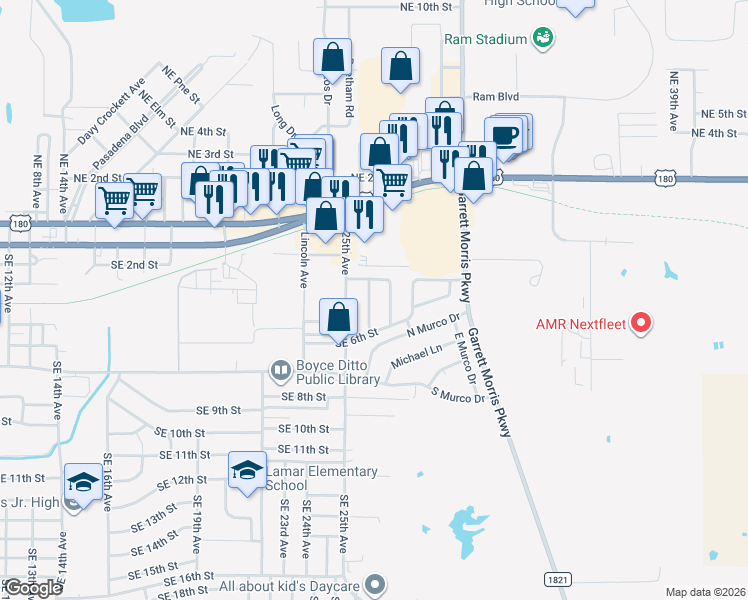 map of restaurants, bars, coffee shops, grocery stores, and more near 507 Southeast 26th Avenue in Mineral Wells