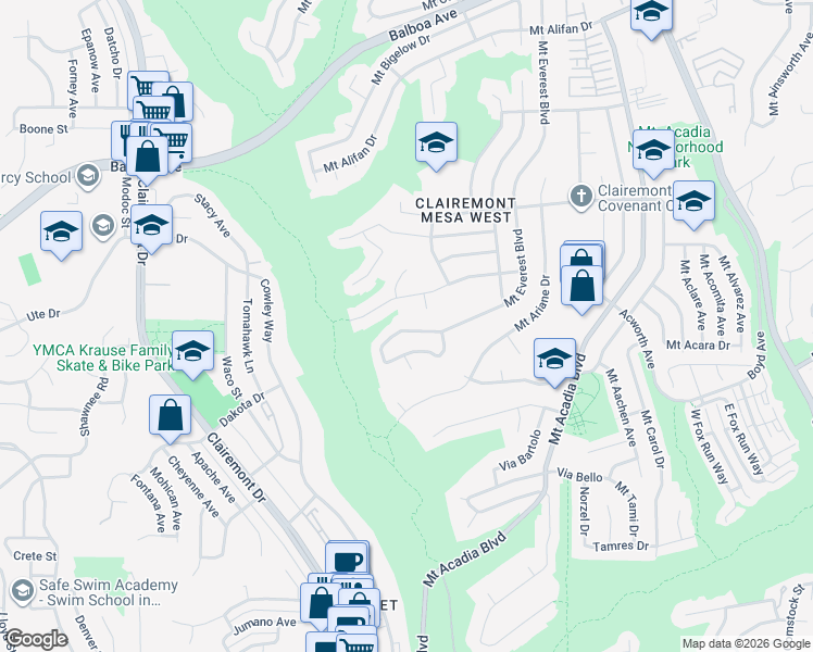 map of restaurants, bars, coffee shops, grocery stores, and more near 3462 Mount Everest Boulevard in San Diego
