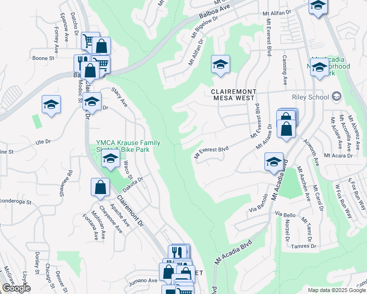 map of restaurants, bars, coffee shops, grocery stores, and more near 4711 Mount Ashmun Drive in San Diego