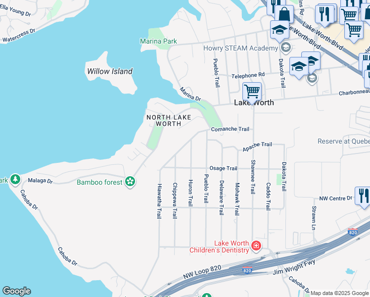 map of restaurants, bars, coffee shops, grocery stores, and more near 3344 Hiawatha Trail in Fort Worth